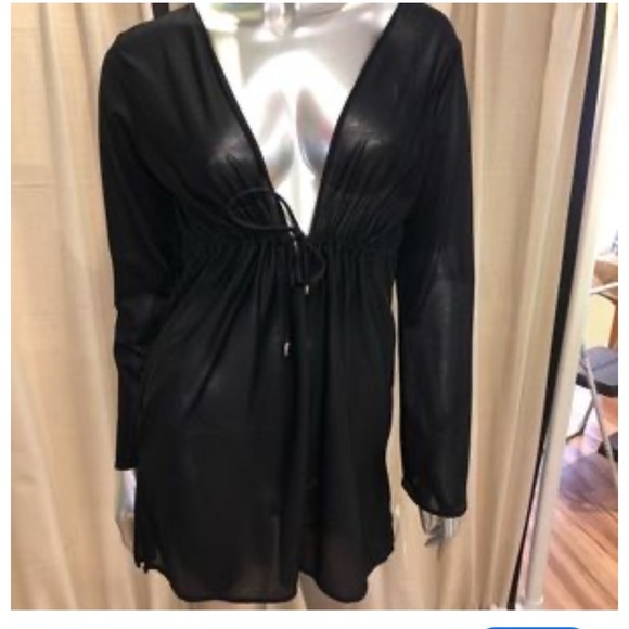 Tara Grinna Tunic Swim Cover‎ Up Sheer Tie Front Long Sleeve Black Size L - Picture 1 of 9